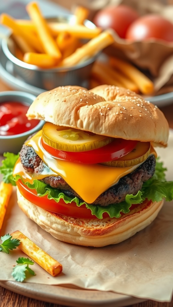 A juicy air fryer burger with cheese and fresh toppings, served with fries on a dining table.
